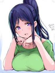  birthday blush bra_strap breast_rest breasts breasts_on_table commentary dated female gengoroh green_shirt high_ponytail large_breasts looking_at_viewer love_live! love_live!_sunshine!! matsuura_kanan ponytail purple_eyes purple_hair shirt sidelocks signature solo upper_body white_background 