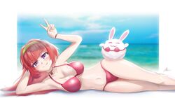  animal_ears bikini breasts cleavage commentary_request female fluffy hibiki_du_ca highres hitatsuphat large_breasts long_hair lying nijigen_project ocean oerba_yun_fang on_side pink_eyes pink_hair rabbit_ears smile swimsuit v vietnamese_commentary virtual_youtuber 