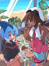  3girls animal_ears azuumori beach black_sailor_collar black_shirt blue_hair brown_eyes brown_hair chair cup dark-skinned_female dark_skin day facial_mark fins fish_tail food highres indoors leaf long_hair lucha_(azuumori) mako_(azuumori) medium_hair midriff multiple_girls neckerchief original pink_hair plant plate ponytail red_eyes red_neckerchief sailor_collar shadow shark_fin shark_tail shirt short_hair short_sleeves table tail water white_headwear window 