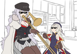  3girls absurdres admiral_graf_spee_(azur_lane) azur_lane character_doll commentary_request cross deal_with_it_(meme) graf_zeppelin_(azur_lane) hat highres instrument iron_cross matsunaga_maguro meme military military_hat military_uniform multiple_girls oven pantyhose trombone uniform when_mama_isn&#039;t_home_(meme) z46_(azur_lane) 