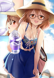  :d araki_hina bag blue_dress bottle breasts brown_hair cleavage collarbone commentary_request dress female giving glasses highres holding holding_bottle idolmaster idolmaster_cinderella_girls idolmaster_cinderella_girls_starlight_stage indirect_kiss key large_breasts light_blush looking_at_viewer mk_(mod0) open_mouth red_eyes semi-rimless_eyewear short_hair shoulder_bag sleeveless sleeveless_dress smile solo under-rim_eyewear water_bottle 