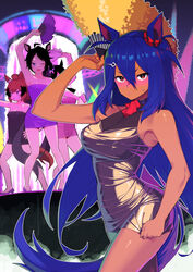  4girls ahoge alternate_costume animal_ears arm_up black_hair blue_hair blush breasts brown_hair cleavage closed_mouth dark-skinned_female dark_skin dress dress_tug embarrassed feather_fan frown fuji_kiseki_(umamusume) grey_dress hair_between_eyes hair_ornament hairclip hand_fan high_heels hishi_amazon_(umamusume) holding holding_fan horse_ears horse_girl horse_tail large_breasts long_hair looking_at_viewer multiple_girls one_eye_closed open_mouth pulling_own_clothes shinko_windy_(umamusume) shiny_clothes short_dress short_hair sleeveless sleeveless_dress smile solo_focus standing strapless strapless_dress sweatdrop tail taut_clothes taut_dress umaguti umamusume umayuru v-shaped_eyebrows 