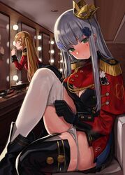  2girls 404_logo_(girls&#039;_frontline) applying_makeup black_skirt blunt_bangs breasts brown_hair cleavage commentary crown epaulettes facial_mark facing_to_the_side girls&#039;_frontline green_eyes hair_ornament highres hk416_(girls&#039;_frontline) hk416_(percussive_bolero)_(girls&#039;_frontline) indoors knees_up kuro_(zhurunbo1997) leaning_forward makeup mini_crown mirror multiple_girls official_alternate_costume panties panty_pull sitting skirt symbol-only_commentary teardrop teardrop_facial_mark teardrop_tattoo thighhighs thighhighs_pull tilted_headwear twintails ump9_(bolero_dance_bird)_(girls&#039;_frontline) ump9_(girls&#039;_frontline) underwear white_hair white_thighhighs 