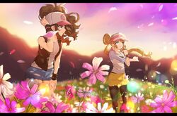  2girls ankea_(a-ramo-do) antenna_hair baseball_cap black_pantyhose black_vest black_wristband blue_eyes blurry blurry_background brown_hair closed_mouth denim denim_shorts eyelashes field floating_hair flower flower_field hand_on_headwear hand_on_own_thigh hat highres hilda_(pokemon) leaning_forward letterboxed long_hair multiple_girls outdoors pantyhose pantyhose_under_shorts petals pink_flower pokemon pokemon_bw pokemon_bw2 raglan_sleeves rosa_(pokemon) shirt short_shorts shorts sidelocks sky sleeveless sleeveless_shirt sleeves_past_elbows smile sparkle standing stretching twilight twintails two-tone_headwear vest visor_cap wristband yellow_shorts 