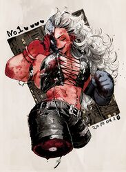  belt black_belt black_gloves black_pants blood blood_on_face bracelet breasts cleavage clenched_hand closed_eyes commentary_request corset dated dorohedoro earrings female gloves grey_hair half_mask jewelry kaitennsiki large_breasts long_hair mask midriff missing_limb muscular muscular_female navel_piercing noi_(dorohedoro) open_mouth pants partial_commentary piercing single_glove smile solo veins 