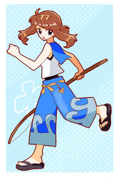  black_eyes black_footwear blue_background blue_pants border breasts brown_hair commentary_request cosplay female fishing_rod full_body hair_bun hair_ornament hibikileon highres holding holding_fishing_rod lana_(pokemon) lana_(pokemon)_(cosplay) looking_to_the_side may_(pokemon) medium_hair oerba_yun_fang pants pokemon pokemon_adventures pokemon_sm polka_dot polka_dot_background sandals shirt sidelocks single_hair_bun sleeveless sleeveless_shirt small_breasts solo walking white_border white_shirt 