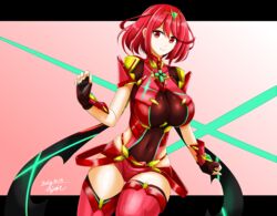  black_gloves breasts chest_jewel earrings female fingerless_gloves gloves hisin jewelry large_breasts pyra_(xenoblade) red_eyes red_hair red_shorts red_thighhighs short_hair short_shorts shorts solo swept_bangs thighhighs tiara xenoblade_chronicles_(series) xenoblade_chronicles_2 