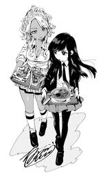  2girls blazer breasts cleavage commentary_request cup dark-skinned_female dark_skin disposable_cup food food_court_de_mata_ashita greyscale gyaru highres jacket kneehighs large_breasts long_sleeves miniskirt monochrome multiple_girls nariie_shin&#039;ichirou necktie noodles pantyhose plaid plaid_skirt pleated_skirt ramen skirt sleeves_rolled_up socks straight_hair tray wada_(food_court) wavy_hair white_background yamamoto_(food_court) 