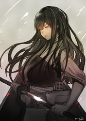  absurdres akagi_(kancolle) akagi_kai_ni_(kancolle) attyon dated female flight_deck grey_background greyscale highres holding holding_sword holding_weapon japanese_clothes kantai_collection katana lips long_hair monochrome muneate parted_lips red_eyes rigging sheath signature simple_background skirt solo spot_color sword tasuki weapon 