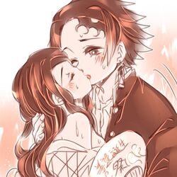  1boy bare_back bare_shoulders blush breasts brother_and_sister brown_eyes brown_hair burn_scar closed_eyes demon_slayer_uniform female french_kiss hand_fan hand_on_another&#039;s_back incest jacket japanese_clothes kamado_nezuko kamado_tanjirou kimetsu_no_yaiba kimono kissing long_hair medium_breasts mimi_mine monochrome one_eye_closed open_clothes open_jacket open_kimono paper_fan scar sepia short_hair siblings straight sweat unbuttoned unbuttoned_jacket unbuttoned_shirt wavy_hair 