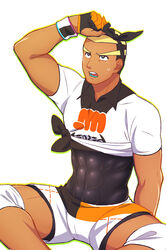  1boy bea_(pokemon) bea_(pokemon)_(cosplay) black_bodysuit black_hairband bodysuit bodysuit_under_clothes bow_hairband collared_shirt commentary_request cosplay covered_abs dark-skinned_male dark_skin dynamax_band gloves hairband highres holding knee_pads looking_up male_focus marshal_(pokemon) momoji_(lobolobo2010) mouth_guard open_mouth partially_fingerless_gloves pokemon pokemon_bw pokemon_swsh print_shirt print_shorts shirt short_hair short_sleeves shorts solo spread_legs sweat teeth thick_thighs thighs tied_shirt tongue 