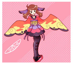  :o badge black_eyes black_pantyhose brown_hair commentary_request cosplay dress fairy_badge female flat_chest full_body gym_leader_badge hibikileon highres may_(pokemon) medium_hair oerba_yun_fang pantyhose pink_background pokemon pokemon_adventures pokemon_xy polka_dot polka_dot_background ponytail sidelocks sleeves_past_wrists solo standing valerie_(pokemon) valerie_(pokemon)_(cosplay) 