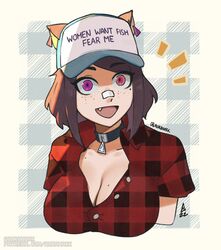  animal_collar animal_ears ascari_megane_(aurahack) aurahack bandaid bandaid_on_face bandaid_on_nose baseball_cap breasts brown_hair cat_ears cleavage clothes_writing collar collarbone collared_shirt commentary earrings ears_through_headwear english_commentary english_text female final_fantasy final_fantasy_xiv freckles hat heterochromia highres jewelry large_breasts looking_at_viewer medium_hair meme meme_attire miqo&#039;te mole mole_on_breast mole_on_collarbone mole_under_eye multiple_moles notice_lines oerba_yun_fang open_mouth partially_unbuttoned patreon_username plaid plaid_shirt purple_eyes red_eyes red_shirt shirt solo swept_bangs triangle_earrings twitter_username unmoving_pattern upper_body warrior_of_light_(ff14) watermark web_address women_want_me_fish_fear_me_(meme) 