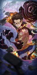  1boy abs black_eyes black_hair black_shirt black_skin blue_shorts chest_tattoo clenched_hands clenched_teeth colored_skin denim denim_shorts fur_trim gear_fourth gear_fourth:_boundman haki hat hat_on_back highres male_focus monkey_d._luffy multicolored_skin muscular muscular_male no_eyebrows one_piece open_clothes open_mouth open_shirt pectorals rope scar scar_on_chest scar_on_face shirt short_hair shorts smoke solo steam straw_hat tattoo teeth yyoumeng 