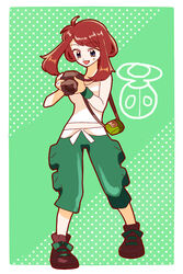  badge black_eyes blush breasts brown_footwear brown_hair bug_badge camera commentary_request cosplay female full_body green_background green_pants gym_leader_badge hibikileon highres holding holding_camera large_breasts may_(pokemon) medium_hair oerba_yun_fang pants pokemon pokemon_adventures pokemon_xy polka_dot polka_dot_background shoes sidelocks solo standing sweat viola_(pokemon) viola_(pokemon)_(cosplay) 