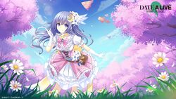  2019 bag blue_hair blue_sky bow bowtie cherry_blossoms cherry_tree choker closed_mouth collarbone copyright_name crescent crescent_hair_ornament daisy date_a_live day female floating_hair flower frilled_skirt frills gloves grey_eyes hair_between_eyes hair_flower hair_ornament highres index_finger_raised izayoi_miku layered_skirt leaning_forward long_hair looking_at_viewer medium_skirt multicolored_clothes multicolored_skirt official_art outdoors outstretched_arm pink_bow pink_bowtie pink_skirt ribbon_choker shirt short_sleeves skirt sky smile solo standing tree very_long_hair white_flower white_gloves white_shirt white_skirt yellow_choker 