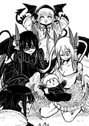  1boy 4girls absurdres baby bat_wings black_bra black_sweater bra breasts demon_girl demon_horns demon_tail demon_wings dress family glasses gospel_(mazohaha) greyscale happy head_wings highres hood hoodie horns lizette_(mazohaha) lorem_(mazohaha) merii_(mazohaha) monochrome mother_and_son multiple_girls musuko_ga_kawaikute_shikatanai_mazoku_no_hahaoya nishimura_chiharu pointy_ears raincoat ribbed_sweater siblings sisters slit_pupils sweater sweater_dress tail underwear white_wings wings zyugoya 