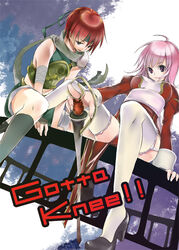  1boy armor black_footwear blue_eyes comiket_77 commentary_request cover cover_page cross crossover doujin_cover dress fantasy_earth_zero female full_body garter_straps green_legwear green_scarf green_shirt green_shorts high_heels high_priest_(ragnarok_online) holding holding_staff juliet_sleeves long_hair long_sleeves looking_at_viewer open_mouth pauldrons pink_eyes pink_hair puffy_sleeves ragnarok_online red_dress red_hair riuhi sash scarf shirt short_hair shorts shoulder_armor single_pauldron sleeveless sleeveless_shirt smile staff thighhighs two-tone_dress white_dress white_legwear white_sash 