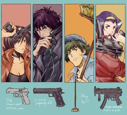  2boys 2girls cowboy_bebop electra_ovilo faye_valentine gun hairband highres holding holding_weapon image_sample mop multiple_boys multiple_girls purple_hair smile spike_spiegel tobalin twitter_sample vincent_volaju weapon yellow_hairband 