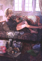  alcohol bag bare_legs barefoot black_shirt blonde_hair brown_eyes carpet cd cd_case cd_player couch curtains dessert drink female floral_print food gelatin headphones highres long_sleeves lying open_mouth original phone pillow shirt short_hair solo sunlight table tokunaga_akimasa window 