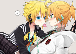  2boys aqua_eyes aqua_necktie black_pants black_shirt blonde_hair blue_eyes blush cable condom condom_in_mouth condom_wrapper dual_persona grey_background headphones headset highres holy_lancer_(module) hood hoodie kagamine_len leaning_back leaning_on_person looking_at_another male_focus mouth_hold multiple_boys necktie pants plaid plaid_pants project_diva_(series) selfcest shirt short_ponytail sitting speech_bubble striped_clothes striped_shirt sudachi_(calendar) translated twitter_username vocaloid white_edge_(module) white_hoodie yaoi 