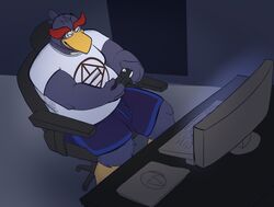  2021 anthro avian bottomwear clothing computer controller dippubear electronics game_controller gaming hi_res humanoid_hands inside male overweight overweight_male playing_video_game shirt shorts sitting solo topwear 