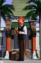  anthro bgn black_eyes cats_don&#039;t_dance clothing danny_cat domestic_cat english_text felid feline felis fur hay hi_res male mammal orange_body orange_fur plant solo suit suitcase text tree warner_brothers whiskers 