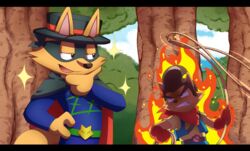  2020 absurd_res angry anthro bandana beat_(kaiketsu_zorori) black_bars canid canine cape clothing duo ears_through_headwear fire forest fox hand_on_hip hat headgear headwear hi_res kaiketsu_zorori kerchief lasso letterbox male mammal mask messer-aramis plant pose smug_grin tree zorori 