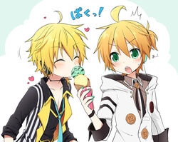  ^^^ aqua_necktie black_shirt blonde_hair blush closed_eyes collarbone commentary double_scoop dual_persona eating food food_theft green_eyes headphones headset heart highres holding holding_food holding_ice_cream holy_lancer_(module) hood hoodie ice_cream ice_cream_cone kagamine_len looking_at_another loving_aura mint_chocolate necktie open_mouth project_diva_(series) selfcest shirt short_ponytail sound_effects spiked_hair striped_clothes striped_shirt sudachi_(calendar) surprised sweat translated v-shaped_eyebrows vertical-striped_clothes vertical-striped_shirt vocaloid white_edge_(module) white_hoodie white_shirt 