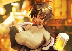  ;d alcohol beer beer_mug black_jacket blurry blurry_background blush bon_(vtuber) breasts brown_hair commentary cup dark-skinned_female dark_skin ear_piercing female fur-trimmed_jacket fur_trim hands_up heart highres hiromago holding holding_cup huge_breasts indie_virtual_youtuber jacket looking_at_viewer mug multicolored_hair off_shoulder one_eye_closed open_mouth piercing pink_hair ribbed_sweater short_hair smile solo streaked_hair sweater symbol-only_commentary teeth tongue tongue_out turtleneck turtleneck_sweater twitter_username two-tone_hair upper_body virtual_youtuber white_sweater 