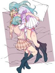  3girls aqua_hair bang_dream! black_socks blonde_hair brown_skirt closed_eyes commentary girl_sandwich hanasakigawa_school_uniform haneoka_school_uniform highres hikawa_hina hikawa_sayo hot hug long_hair lying medium_hair multiple_girls on_back on_side pillow pleated_skirt purple_eyes sandwiched school_uniform shirasagi_chisato short_sleeves siblings sisters skirt sleeping socks sweat torigara_cha twins white_skirt yuri 