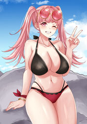  absurdres alternate_breast_size alternate_costume bikini black_bikini blue_sky breasts cleavage cloud commentary day english_commentary eyewear_on_head female fingernails fire_emblem fire_emblem:_three_houses fire_emblem_heroes grin highres hilda_valentine_goneril large_breasts long_hair official_alternate_costume one_eye_closed pink_eyes pink_hair pink_nails rock rynn_(darknescorez) sitting sitting_on_rock sky smile solo swimsuit thighs twintails v 