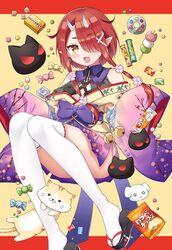  bare_shoulders candy chips_(food) dango feline female floral_print flower food hair_flower hair_ornament hoozuki_warabe horns japanese_clothes kimono noripro okobo oni_horns open_mouth pointy_ears potato_chips red_hair sandals smile solo tabi tsukudani_norio two-tone_background virtual_youtuber wagashi yellow_eyes 