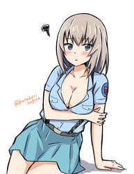  aoshidan_(emblem) aoshidan_school_uniform arm_grab arm_support belt black_belt blue_eyes blue_shirt blush breasts cleavage closed_mouth collared_shirt commentary embarrassed female girls_und_panzer green_skirt grey_hair itsumi_erika katakori_sugita leaning_to_the_side light_frown medium_breasts medium_hair one-hour_drawing_challenge partially_unbuttoned school_uniform shadow shirt skirt solo squiggle suspender_skirt suspenders twitter_username 