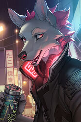  2021 2:3 5_fingers anthro beverage beverage_can canid canine cd_projekt_red city clothed clothing cyberpunk cyberpunk_2077 detailed_background digital_media_(artwork) electronics fingers fox futuristic headphones hi_res holding_beverage holding_object jacket male mammal night open_mouth outside shaded shreddy_(shreddyfox) sign solo topwear wildering 