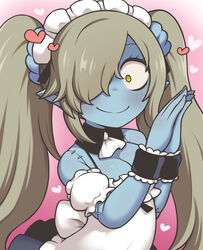  apron ascot blue_eyes blush breasts brown_hair cleavage closed_mouth detached_sleeves disgaea female hair_over_one_eye heart highres looking_at_viewer maid_(disgaea) maid_headdress one_eye_covered own_hands_together pink_background pointy_ears puffy_detached_sleeves puffy_short_sleeves puffy_sleeves rantana_(lalalalackluster) short_sleeves smile solo stitches twintails white_apron white_ascot wide-eyed yellow_eyes zombie 