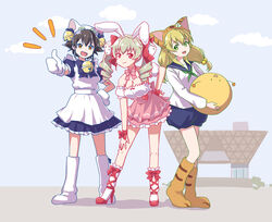  3girls anchovy_(girls_und_panzer) animal_ears animal_hands apron back_bow ball bell black_bow black_bowtie black_hair blonde_hair bloomers blouse blue_dress blue_shorts bow bow_choker bow_legwear bowtie braid breasts brown_eyes brown_footwear carpaccio_(girls_und_panzer) cat_ears choker cleavage closed_mouth commentary cosplay day dejiko dejiko_(cosplay) di_gi_charat dice_hair_ornament dress drill_hair fake_animal_ears frilled_dress frills gema gema_(cosplay) girls_und_panzer gloves green_eyes green_hair green_neckwear hair_ornament hair_ribbon halterneck hand_on_own_hip hand_on_own_thigh heart high_heels holding holding_ball katakori_sugita layered_dress long_hair long_sleeves looking_at_viewer maid_apron medium_breasts medium_dress multiple_girls neck_bell neckerchief notice_lines open_mouth outdoors paw_gloves paw_shoes pepperbox_revolver pepperoni_(girls_und_panzer) pink_bow pink_choker pink_dress puchiko puchiko_(cosplay) puffy_short_sleeves puffy_sleeves rabbit_ears red_bow red_eyes red_footwear red_ribbon ribbon sailor_collar shirt short_hair short_sleeves shorts side-by-side side_braid simple_background smile socks standing tokyo_big_sight twin_drills twintails usada_hikaru usada_hikaru_(cosplay) white_apron white_footwear white_gloves white_legwear white_shirt wrist_ribbon 