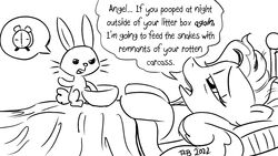  16:9 angel_(mlp) awake bed bold_text conditional conditional_threat death_threat dialogue duo english_text equid equine female friendship_is_magic furniture hasbro lagomorph leporid male mammal monochrome my_little_pony name_drop name_in_dialogue on_bed pictographics pony-berserker rabbit species_in_dialogue speech_bubble talking_to_another text text_emphasis threatening widescreen 