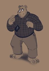  2021 anthro bear belly bottomwear cellphone clothing dippubear electronics eyewear glasses hi_res humanoid_hands male mammal overweight overweight_male pants phone shirt simple_background smartphone solo topwear 