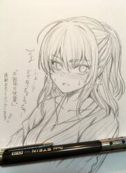  art_tools_in_frame breasts bukiyou_na_senpai collarbone earrings female graphite_(medium) greyscale highres hoshi_san_3 jewelry kannawa_azusa mechanical_pencil medium_breasts monochrome pencil photo_(medium) ponytail ribbed_sweater solo sweater traditional_media translation_request upper_body white_background 