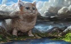  absurdres animal assasinmonkey blue_sky cloud cloudy_sky commentary day english_commentary fantasy feline grass highres incredibly_absurdres mountain no_humans original outdoors oversized_animal river sky solo standing tree water 