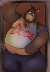  2021 anthro asinus beard belly bottomwear brown_body clothing dippubear donkey equid equine facial_hair hairy hi_res male mammal overweight overweight_male shirt shorts solo text text_on_clothing text_on_shirt text_on_topwear topwear 