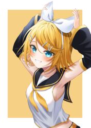  absurdres adjusting_bow arched_back arms_up black_sailor_collar black_shorts black_sleeves blonde_hair blue_eyes bow breasts crop_top detached_sleeves female grin hair_ornament hairbow hairclip highres kagamine_rin looking_at_viewer midriff neckerchief ryaru_ryaru sailor_collar sailor_shirt shirt short_hair shorts sideboob sideways_glance sleeveless sleeveless_shirt small_breasts smile solo upper_body vocaloid white_bow yellow_neckerchief 