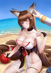  absurdly_long_hair absurdres amagi_(azur_lane) amagi_(wending_waters_serene_lotus)_(azur_lane) animal_ear_fluff animal_ears azur_lane ball beach bikini black_choker black_sash breasts brown_hair center_opening choker commentary day detached_collar female fingerless_gloves fox_ears frozen-sad gloves highres jacket large_breasts long_hair looking_at_viewer military military_jacket military_uniform naval_uniform obi official_alternate_costume one_eye_closed open_bikini open_clothes outdoors purple_eyes sand sash see-through see-through_swimsuit strapless strapless_bikini swimsuit thick_eyebrows thigh_strap uniform very_long_hair water white_bikini white_jacket 