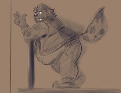  2021 anthro belly bottomwear clothing dippubear hi_res humanoid_hands hyena male mammal overweight overweight_male pants shirt solo spotted_hyena topwear 