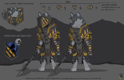  anthro armello armor biped blue_byte_(game_developer) canid canine canis clothed clothing english_text for_honor_(game) full_armor fully_clothed furgonomics halberd hazard_stripes headgear helmet league_of_geeks male mammal melee_weapon montana_(wolfdawg) plate_armor polearm scar solo standing text weapon wolf wolfdawg 