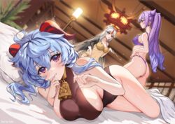  3girls absurdres ahoge ass babydoll bed_sheet bell blue_hair blurry blurry_background bra breasts brown_eyes brown_leotard ceiling_light chandelier commentary_request cone_hair_bun double_bun ganyu_(genshin_impact) genshin_impact goat_horns hair_bun highres holding holding_smoking_pipe horns indoors keqing_(genshin_impact) large_breasts leotard long_hair looking_at_another looking_at_viewer lying medium_breasts multiple_girls neck_bell ningguang_(genshin_impact) on_side panties parted_lips pillow purple_bra purple_eyes purple_hair purple_panties smoking_pipe solo_focus standing thighs thong twintails underwear underwear_only very_long_hair volar_uwu wavy_hair white_hair yellow_bra yellow_panties 