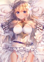  bare_shoulders blonde_hair blue_eyes blush breasts choker detached_sleeves dress female flower granblue_fantasy hair_flower hair_ornament jeanne_d&#039;arc_(granblue_fantasy) konno_kengo long_hair looking_at_viewer lying on_back on_bed solo white_dress 