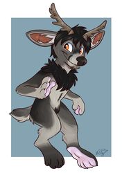  2016 anthro antlers black_hair cervine chibi deer eye_scar facial_scar full_pad fur gesture grey_body grey_fur hair hand_pawpads hi_res horn looking_at_viewer male mammal neck_tuft nude orange_eyes paws portrait ra&#039;deer safe_nudity scar solo tuft waving waywardmutt 