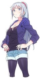  bad_id bad_pixiv_id black_tank_top blue_eyes blue_hoodie breasts cleavage commentary_request cropped_legs denim denim_shorts female grey_hair hair_behind_ear hands_on_own_hips hood hoodie kanjy00u kawasaki_saki medium_breasts pantyhose ponytail short_shorts shorts solo sweatdrop tank_top white_background yahari_ore_no_seishun_lovecome_wa_machigatteiru. 